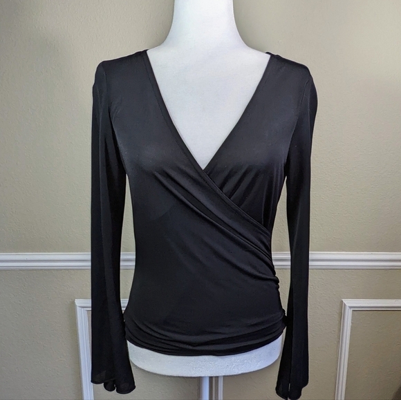 Self Esteem Tops - Black Faux Wrap Front Long Bell Sleeve by Self Esteem